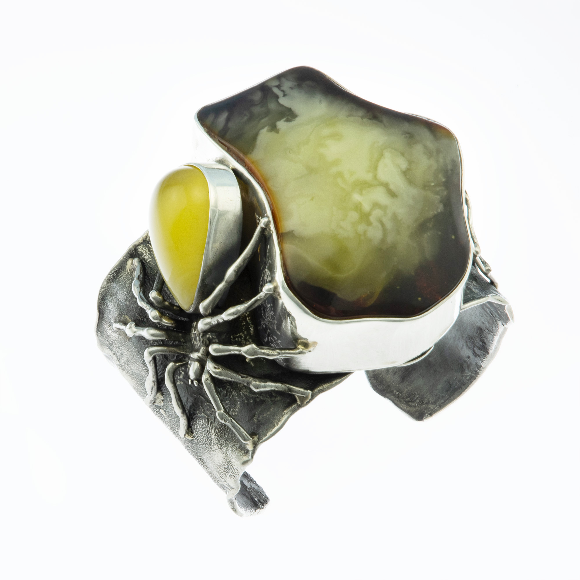 Huge Sterling and Milky Amber Spider Cuff 1